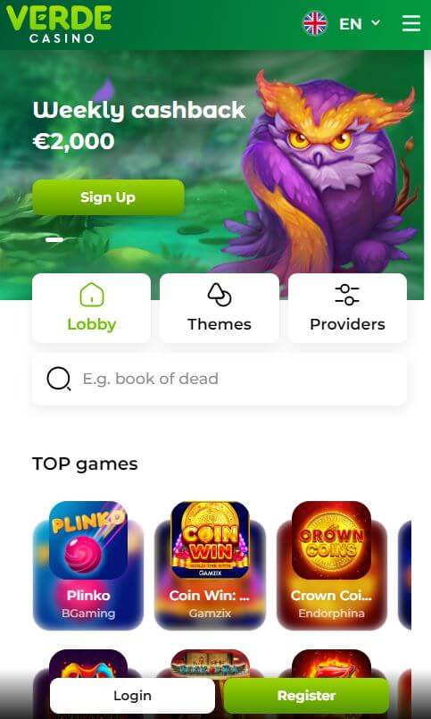 verdecasino main mobile screen